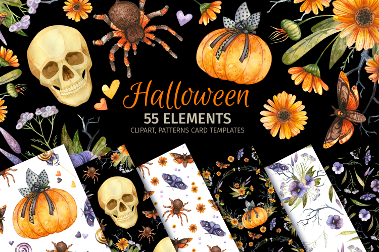 Watercolor Halloween Clipart, Patterns, Invitation Cards