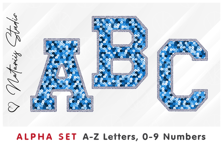 Blue Sequins Alpha Set. Letters Numbers Clipart.