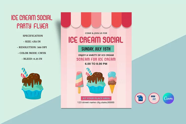 Ice Cream Social Party Flyer , Ms Word, Photoshop & Canva