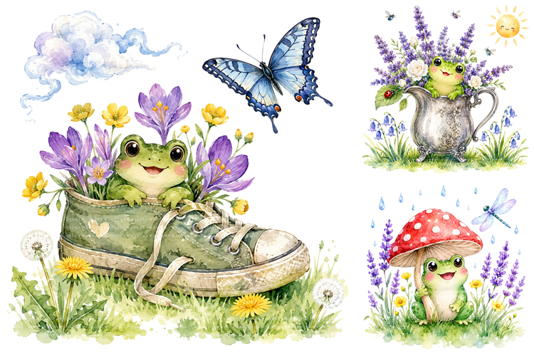 Funny Watercolor Frog Clipart, Cottagecore Spring PNG Bundle
