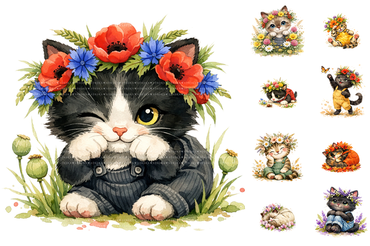 Watercolor Floral Kitten Clipart Bundle
