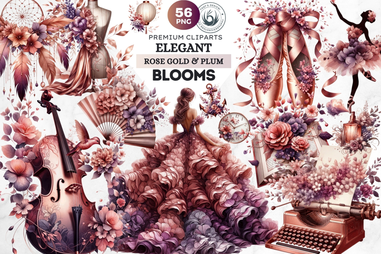 Romantic Rose gold and Plum floral arrangements Clipart PNG