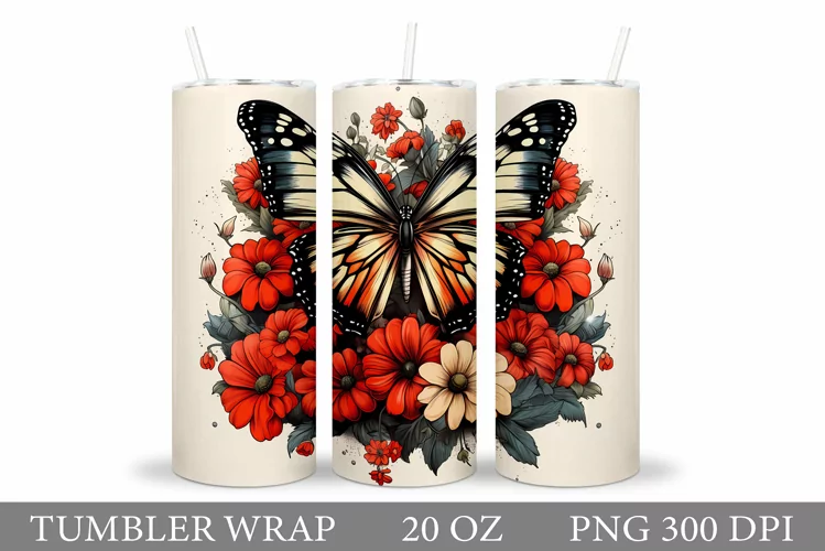 Butterfly Tumbler Sublimation. Flowers Tumbler Wrap Design