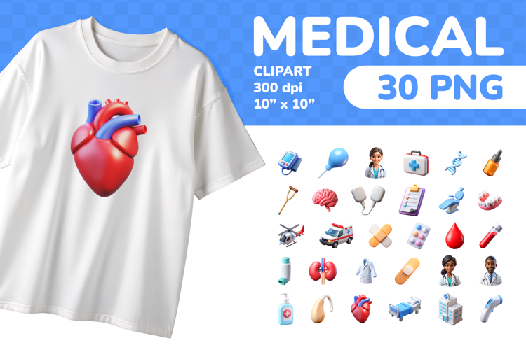 Medical PNG Clipart Set 30 Items for Sublimation and Print