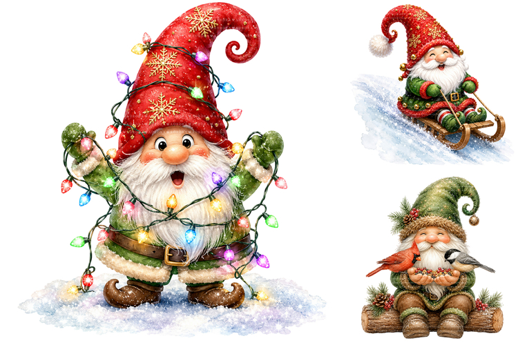 Christmas Gnome Clipart Bundle, Holiday Watercolor PNG