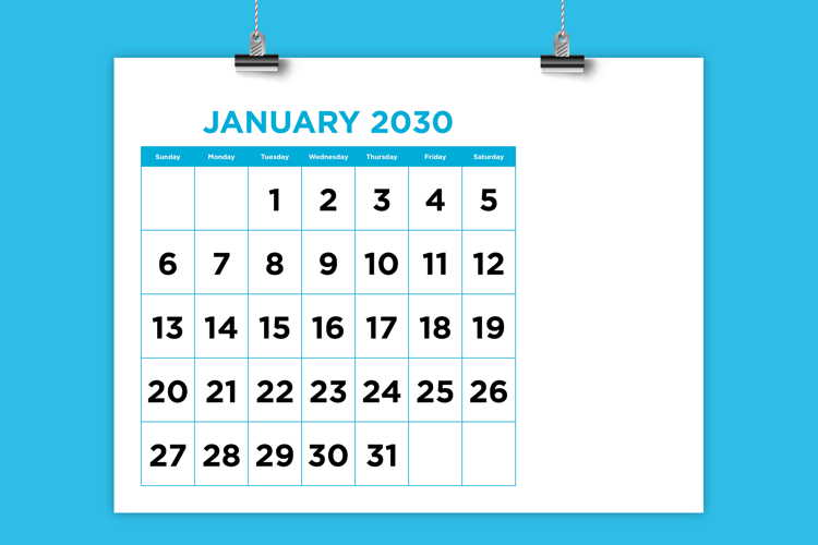 2030 Large Number Bold Color 8.5 x 11 Inch Calendar Template