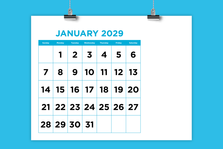 2029 Large Number Bold Color 8.5 x 11 Inch Calendar Template