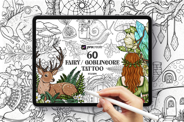 60 Procreate Stamp Brushes, Cottagecore Fairycore Goblincore