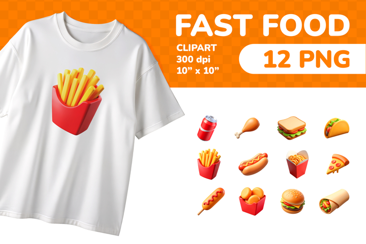 Fast Food PNG Clipart Set 12 Items for Sublimation & Print