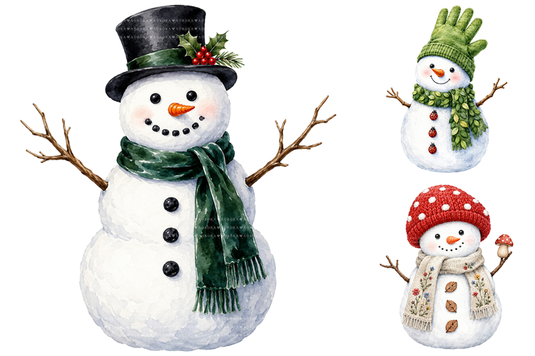 Watercolor Snowman Clipart Bundle, Christmas PNG