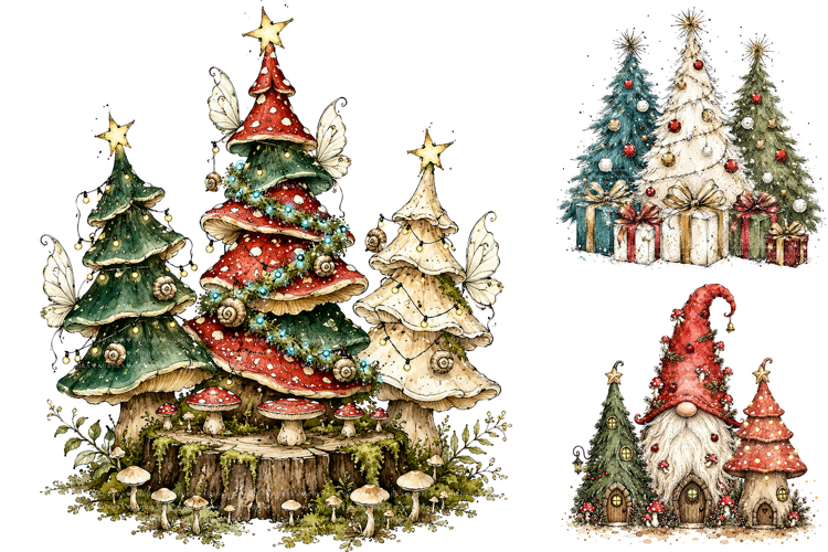 Watercolor Christmas Tree Clipart Bundle, Trendy Winter PNG