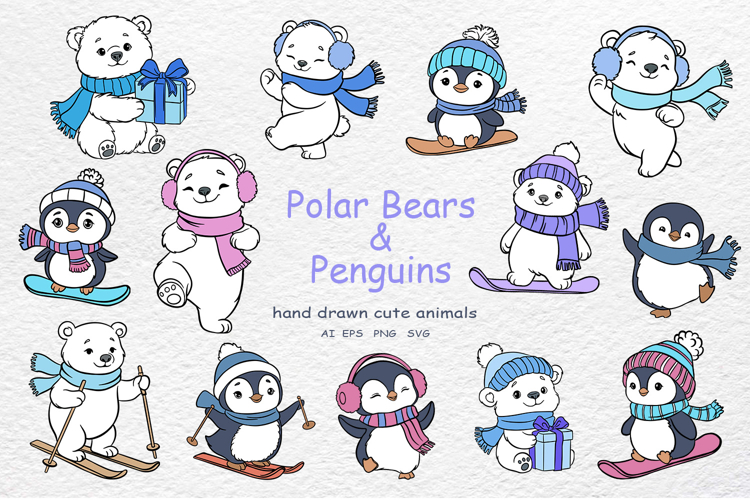 Cute Polar Bears & Penguins Clipart Winter Animals
