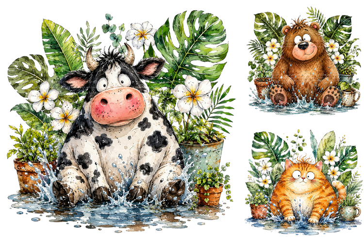 Funny Splashing Animal Clipart Bundle, Tropical Summer