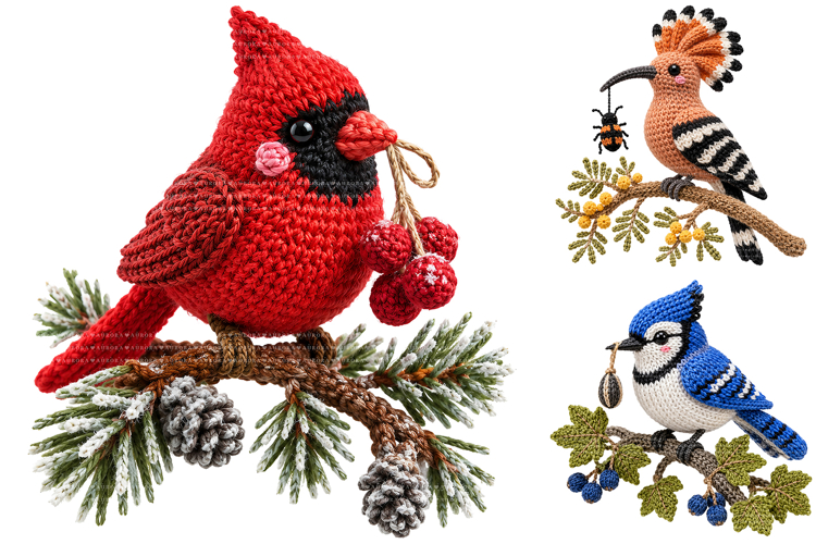 Crochet Bird Clipart Bundle, Amigurumi Birds PNG
