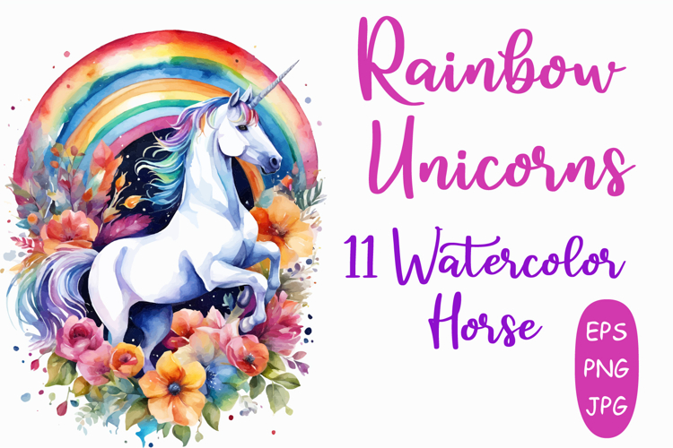 Set of 11 Unicorns in Flowers Watercolor Vector