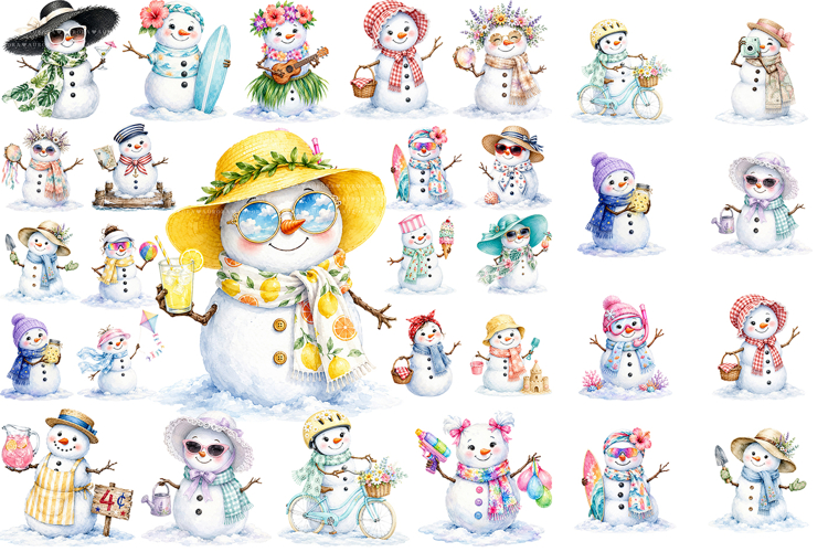 Summer Snowman Watercolor Clipart, Sublimation PNG