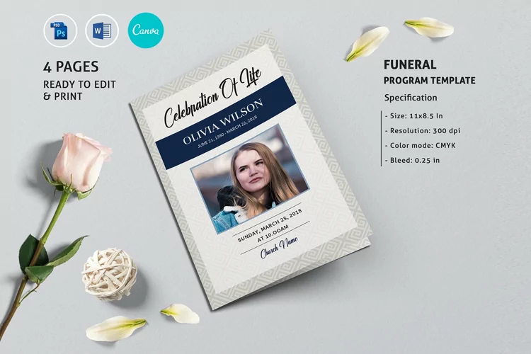 Printable Funeral Program Template. Photoshop, Word & Canva