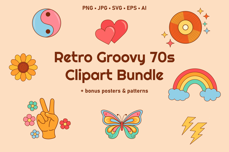 Retro Groovy 70s Clipart Bundle