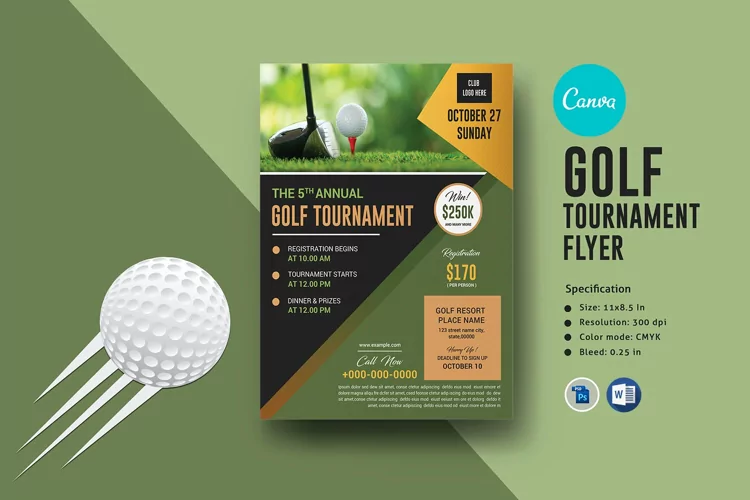 Golf Tournament Flyer Ms Word, Photoshop and Canva