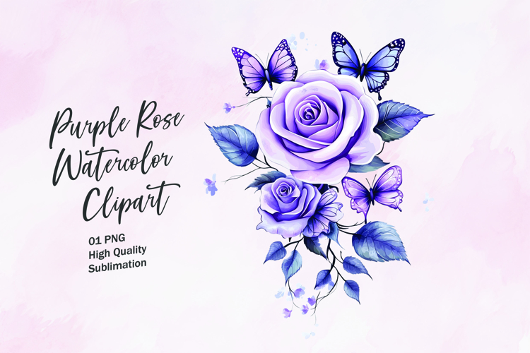Purple rose with butterfly watercolor clipart sublimation