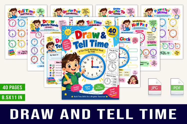 Draw & Tell Time Kids’ Clock Worksheet Book example image 1