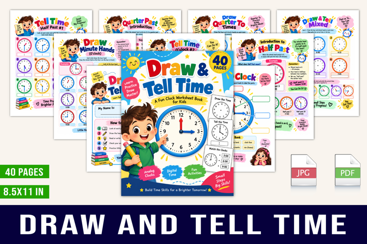 Draw & Tell Time Kids’ Clock Worksheet Book