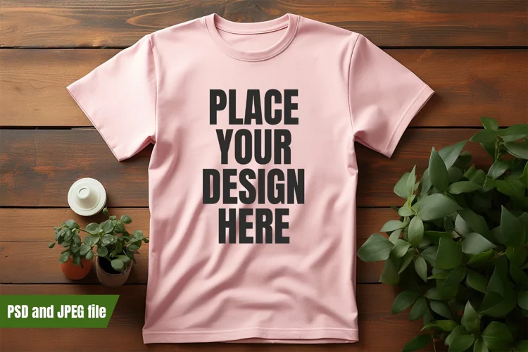 Large pink t-shirt mockup on rustic board with jean