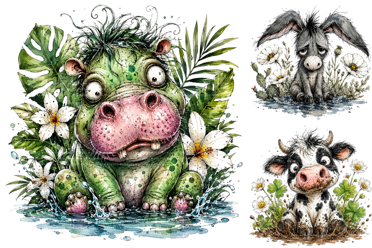 Funny Messy Whimsical Animals Halloween PNG Bundle