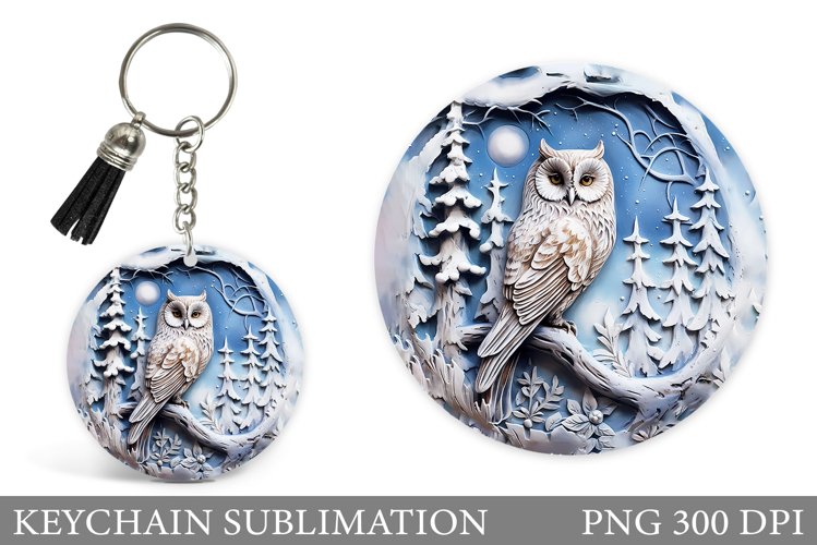 Owl Keychain Sublimation. Winter Owl Round Keychain Design