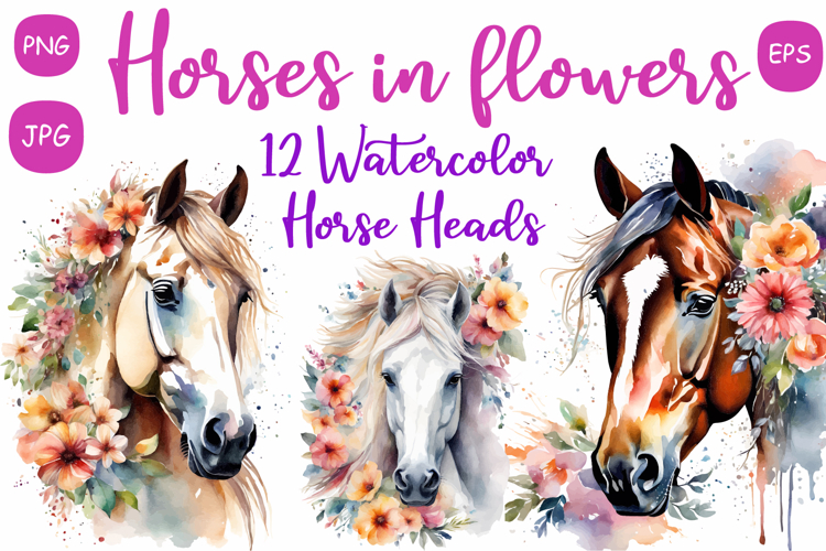 Set of 12 Horse with Flowers Watercolor Vector