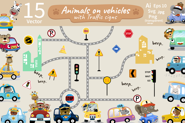 Animals on Vehicles Clipart, 15 Cute Drivers and Elements