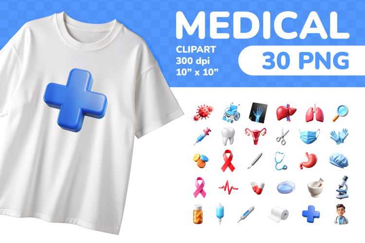 Medical PNG Clipart Set 30 Items for Sublimation and Print