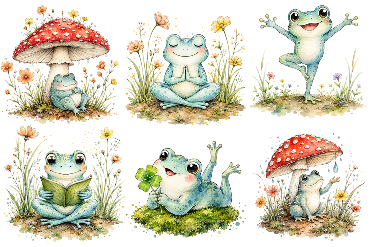 Whimsical Floral Frog Clipart Bundle, Sublimation PNG