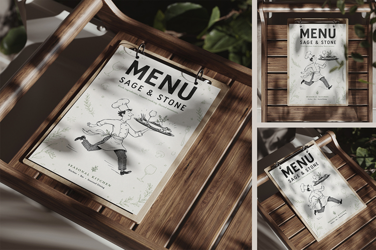 Restaurant Menu on Wooden Tray Mockup