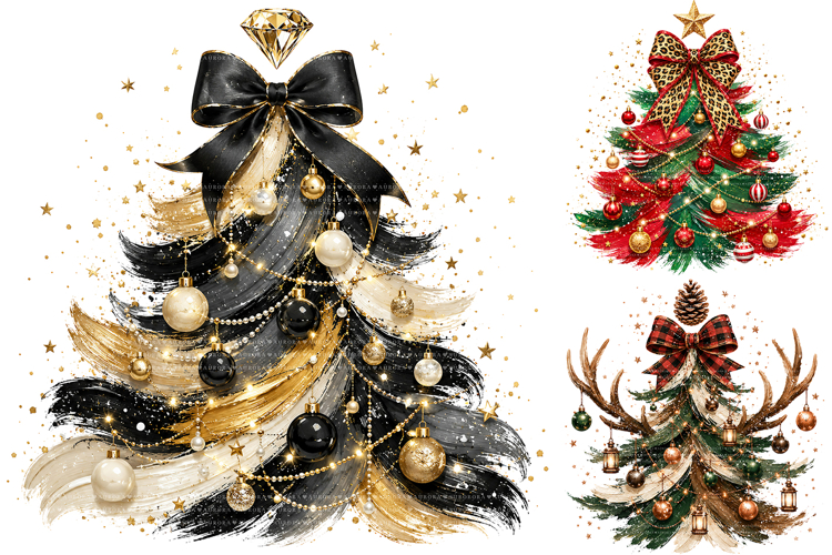 Christmas Tree PNG Bundle, Watercolor Holiday Clipart