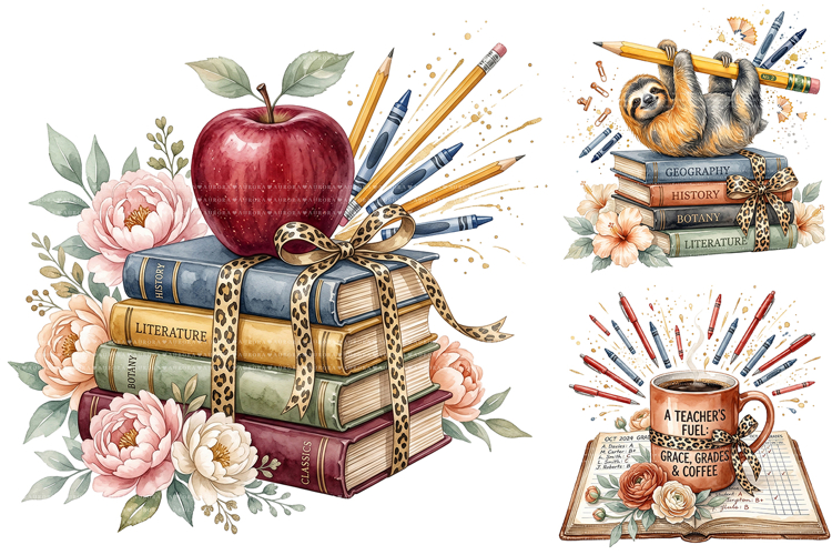 Watercolor Back To School Clipart, Watercolor Teacher Books