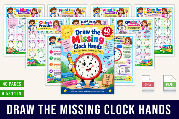 Draw the Missing Clock Hands 40-Page Time-Telling Workbook example image 1