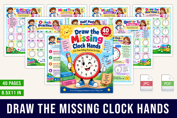 Draw the Missing Clock Hands 40-Page Time-Telling Workbook
