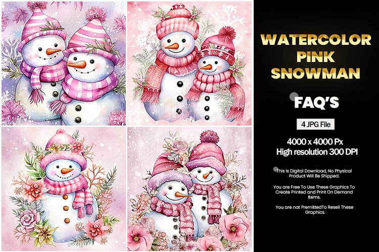 Watercolor Pink Snowman Square Coaster - 04 Variations