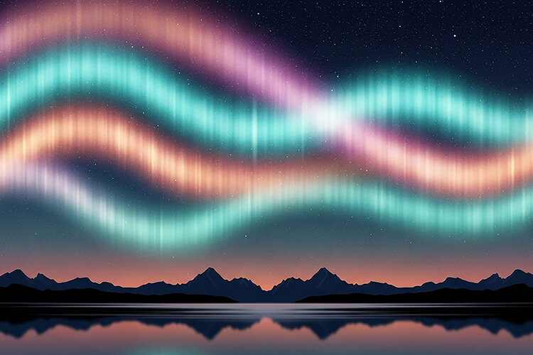 Dusk Example Aurora borealis over a serene mountain lake at dusk