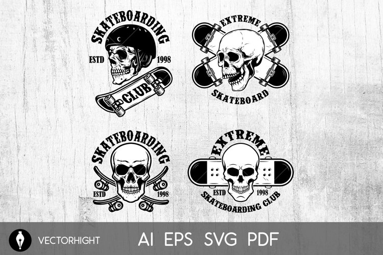 Set of skateboarding club emblems with skulls.