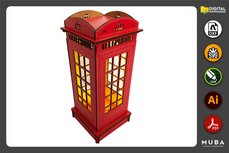 Red English Telephone Booth Night Light, Laser Cut Files SVG