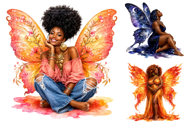 Black Girl Fairy Clipart Bundle, Afro Butterfly PNG