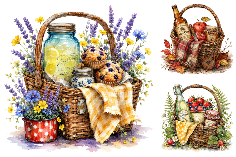 Watercolor Picnic Basket Clipart, Summer Sublimation PNG