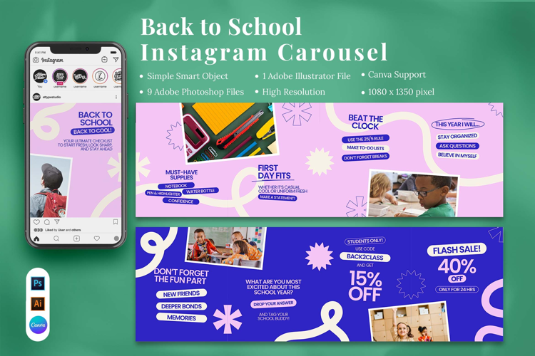 Back to school Instagram Carousel & Canva Template