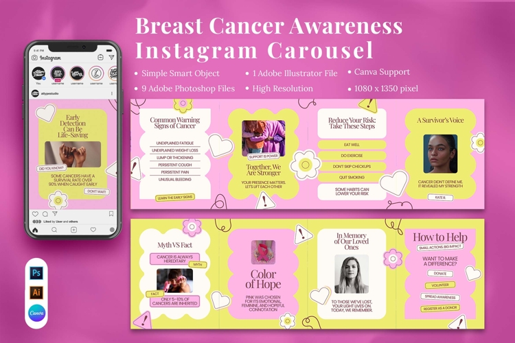 Breast Cancer Awareness Instagram Carousel & Canva Template