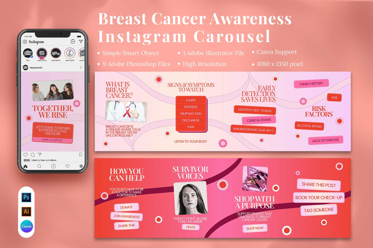 Breast Cancer Awareness Instagram Carousel & Canva Template