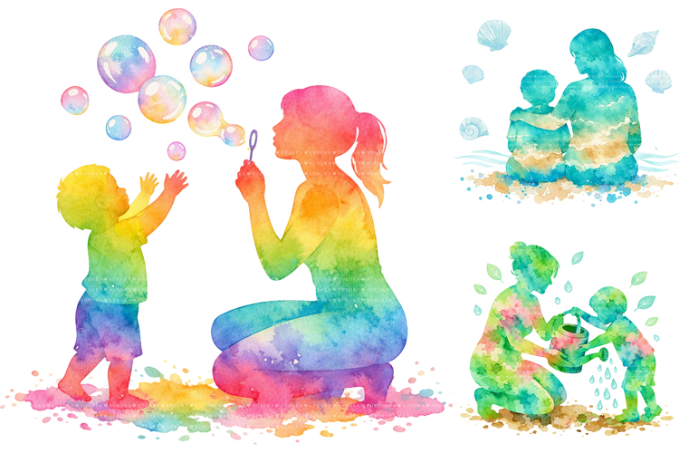 Watercolor Mother Child Silhouette Clipart Bundle