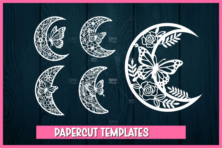 5 Butterfly Floral Crescent Moon Papercut Template SVG