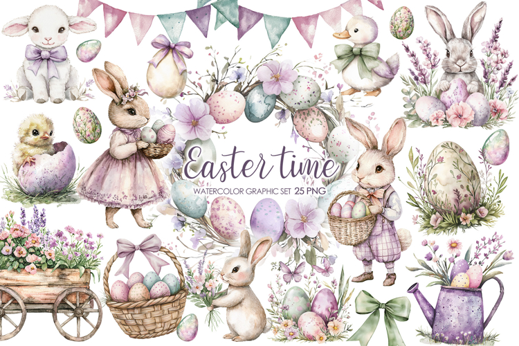 Watercolor Easter Clipart. Easter Bunny clipart. Cute Easter